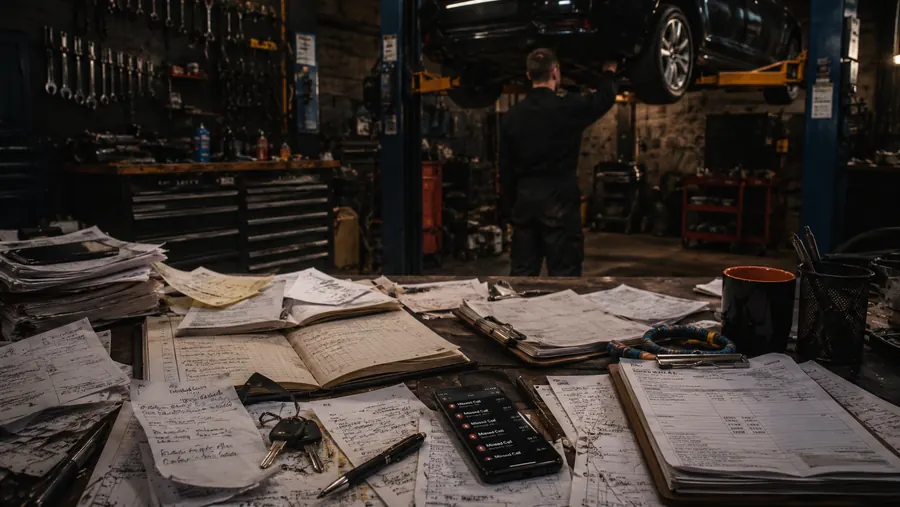 Cluttered workshop desk piled with paper job sheets, a logbook and a phone showing missed calls